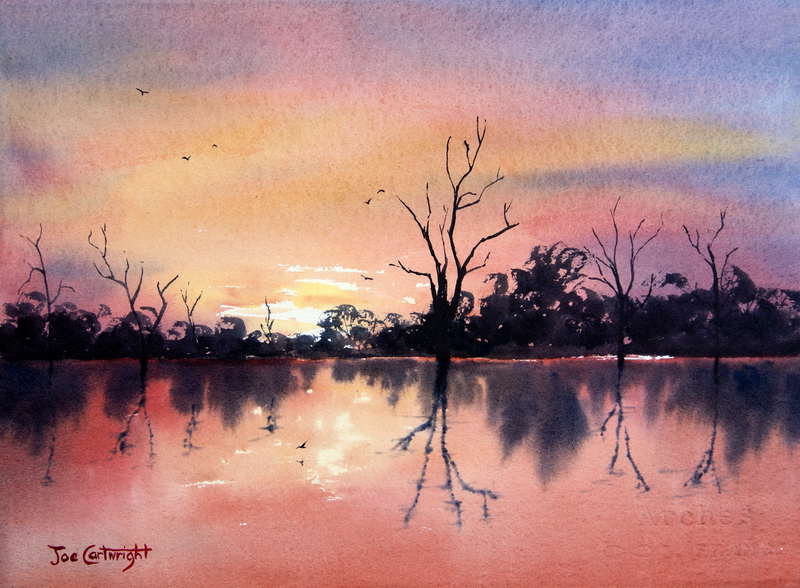 Lake-Bonney-red-sunset-watercolor-painting-South-Australia1